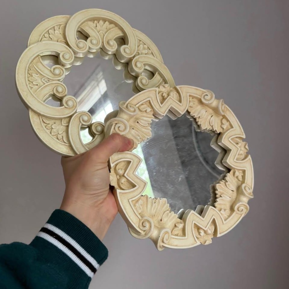 Vintage Style Ornate Round Wall Mirrors Set of 2 Cream Off-White Scrollwork 8.5"